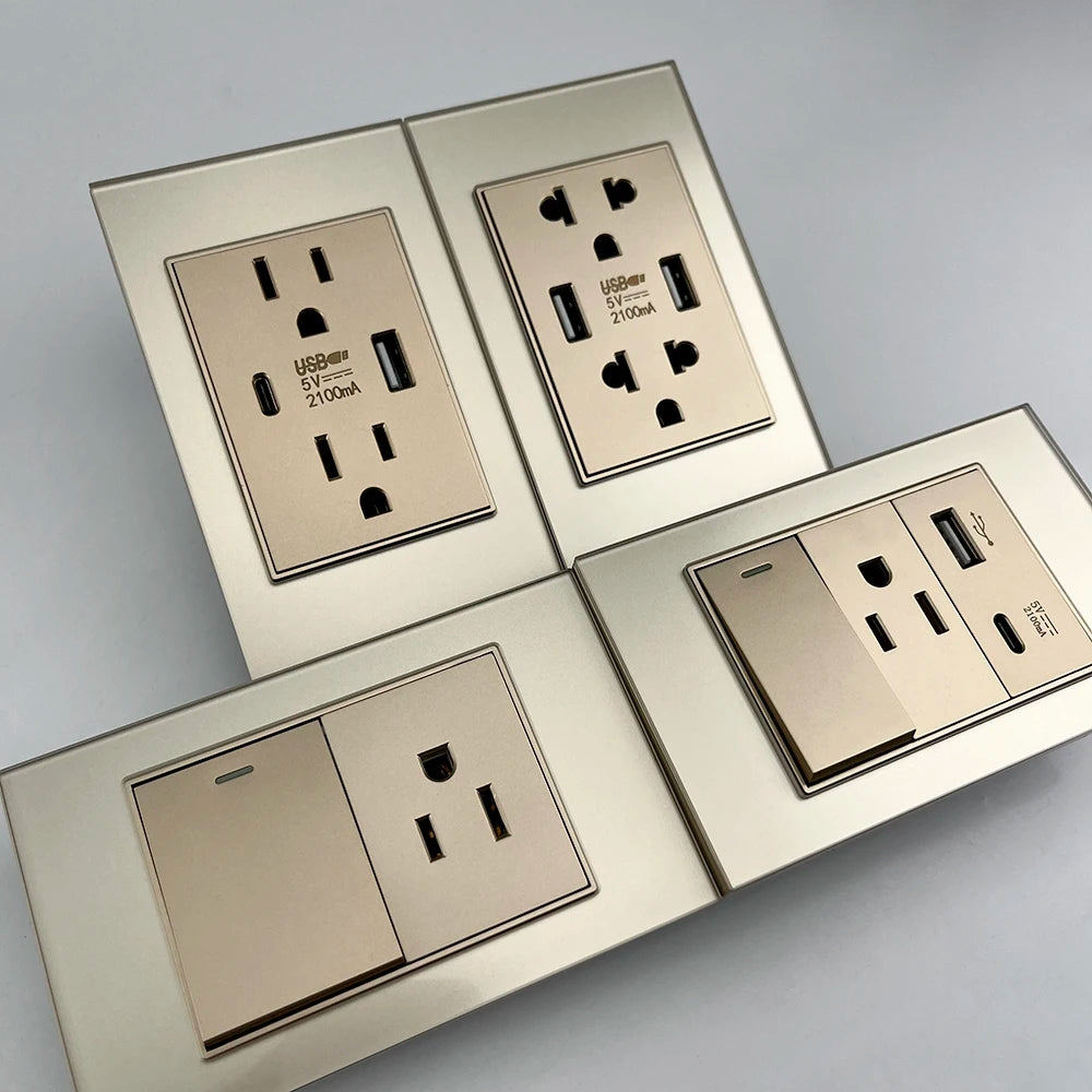 American Standard Dual Wall Usb Plug Socket, Household Mexico US Tempered Glass Light Switch Outlet Adapter Type-C Fast Charging
