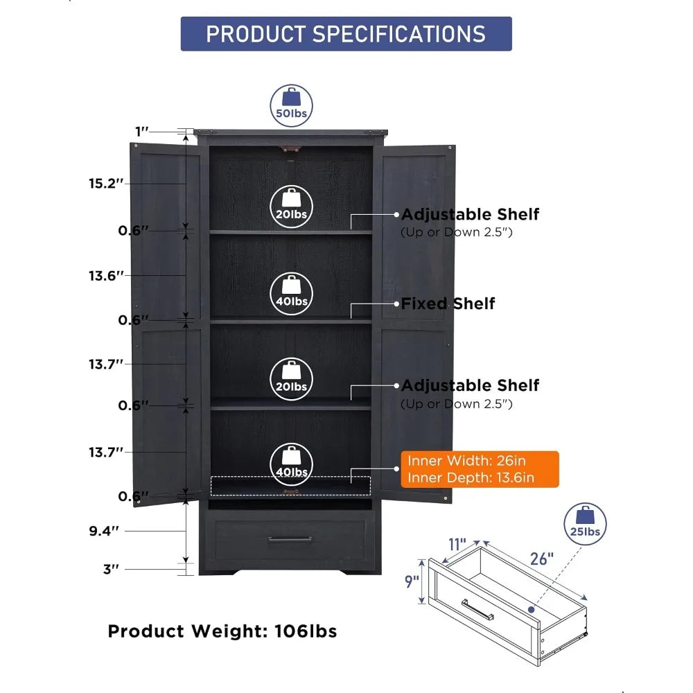 Farmhouse Pantry Cabinet 72in Tall Wood Storage with 2 Barn Doors, Adjustable Shelves & Drawer