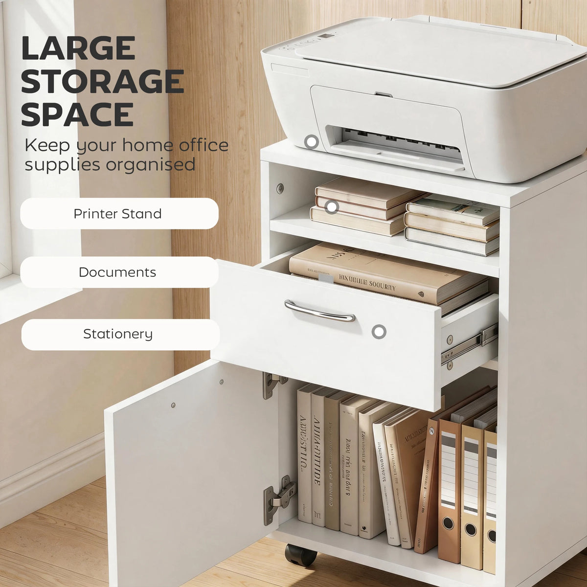 HOMCOM Mobile Storage Cabinet Organizer with Drawer and Cabinet, Printer Stand with Castors, White