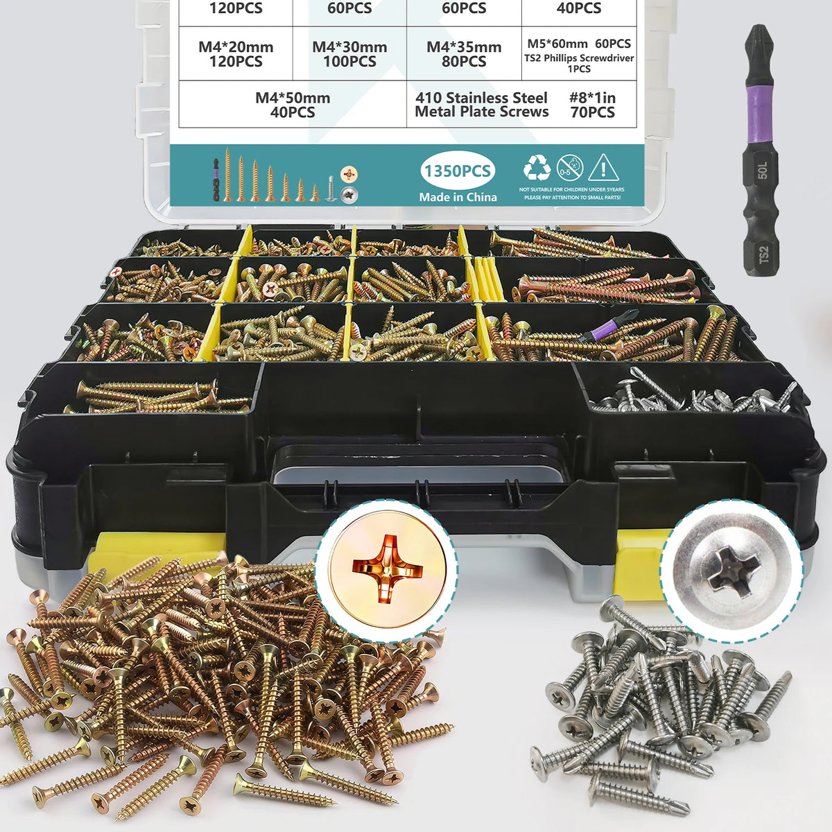 1350pcs Carbon Steel Phillips Wood Screws Assortment Kit, Flat-Head And Phillips Designs, Common Sizes M3.5/M4/M5/#8, Heavy Duty Self-Tapping Fasteners with Anti-Slip Matching Wrench, Sturdy Double Layer Storage Box, Hardware