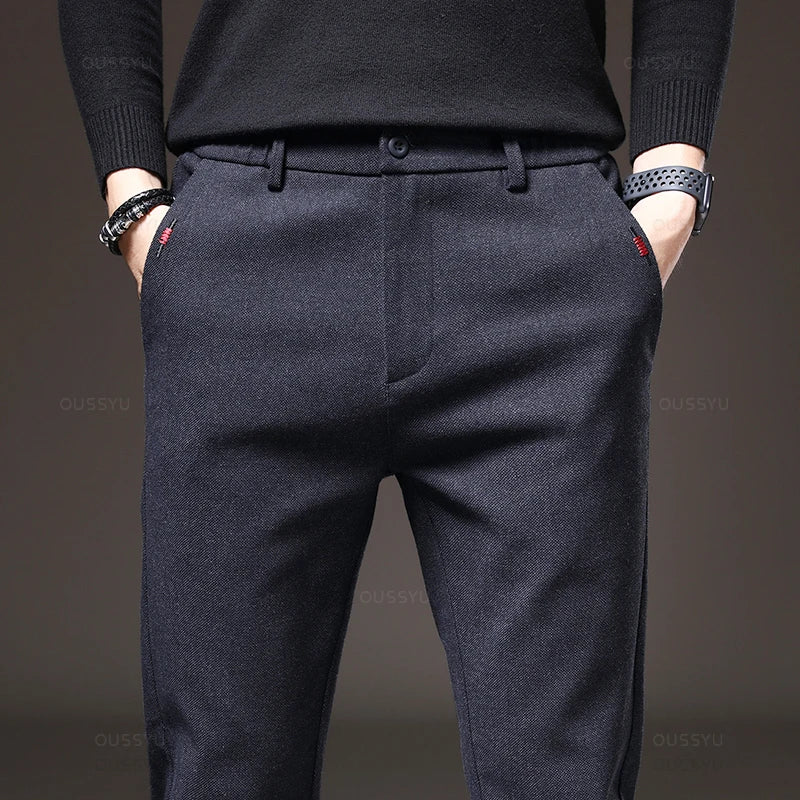 Autumn Winter Men's Casual Pants Solid Color Business Elastic Waist Slim Fit Stretch Thick Gray Black Blue Cotton Trousers Male