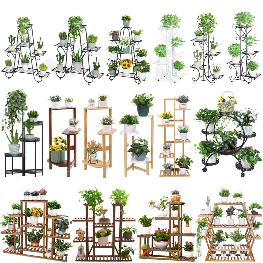 Various Styles Wood/Metal Plant Stand Flower Pots Display Holder Garden Shelf Shelving for Patio Balcony Living Room
