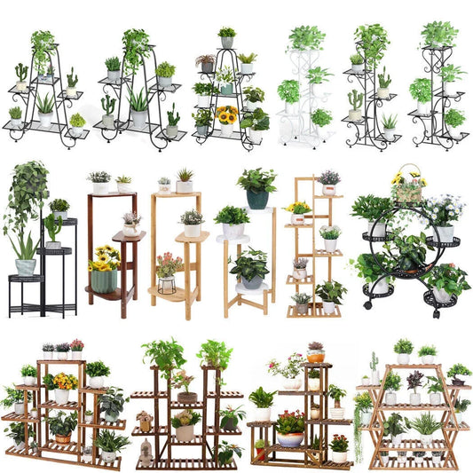 Various Styles Wood/Metal Plant Stand Flower Pots Display Holder Garden Shelf Shelving for Patio Balcony Living Room