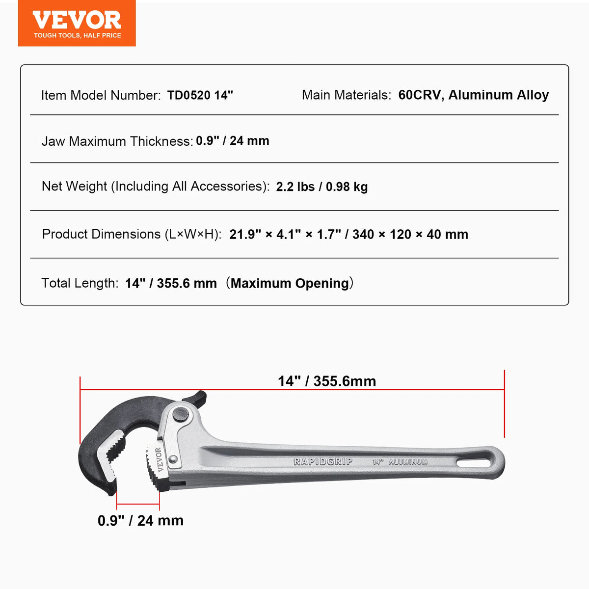 SucceBuy Pipe Wrench Aluminum Straight Pipe Wrench Adjustable Plumbing Wrench High Strength Jaw & Ergonomic Handle Automotive