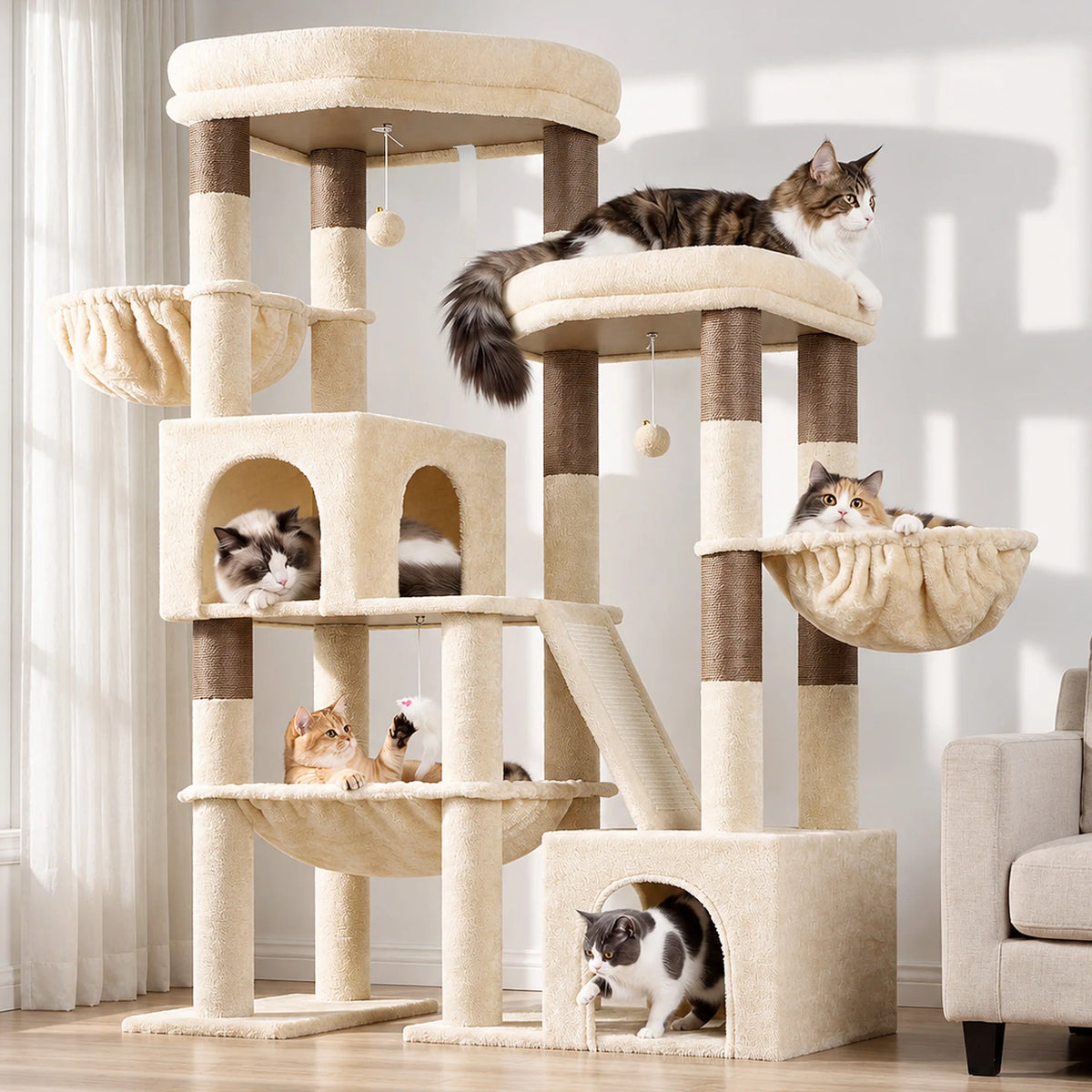 Globlazer 59" Multi-Level Cat Tower for 2-3 Cats, Large Cat Tree with 2 Condos, 3 Hammocks & Sisal Scratching Posts, Sturdy Indoor Cat Condo