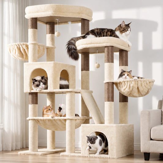 Globlazer 59" Multi-Level Cat Tower for 2-3 Cats, Large Cat Tree with 2 Condos, 3 Hammocks & Sisal Scratching Posts, Sturdy Indoor Cat Condo