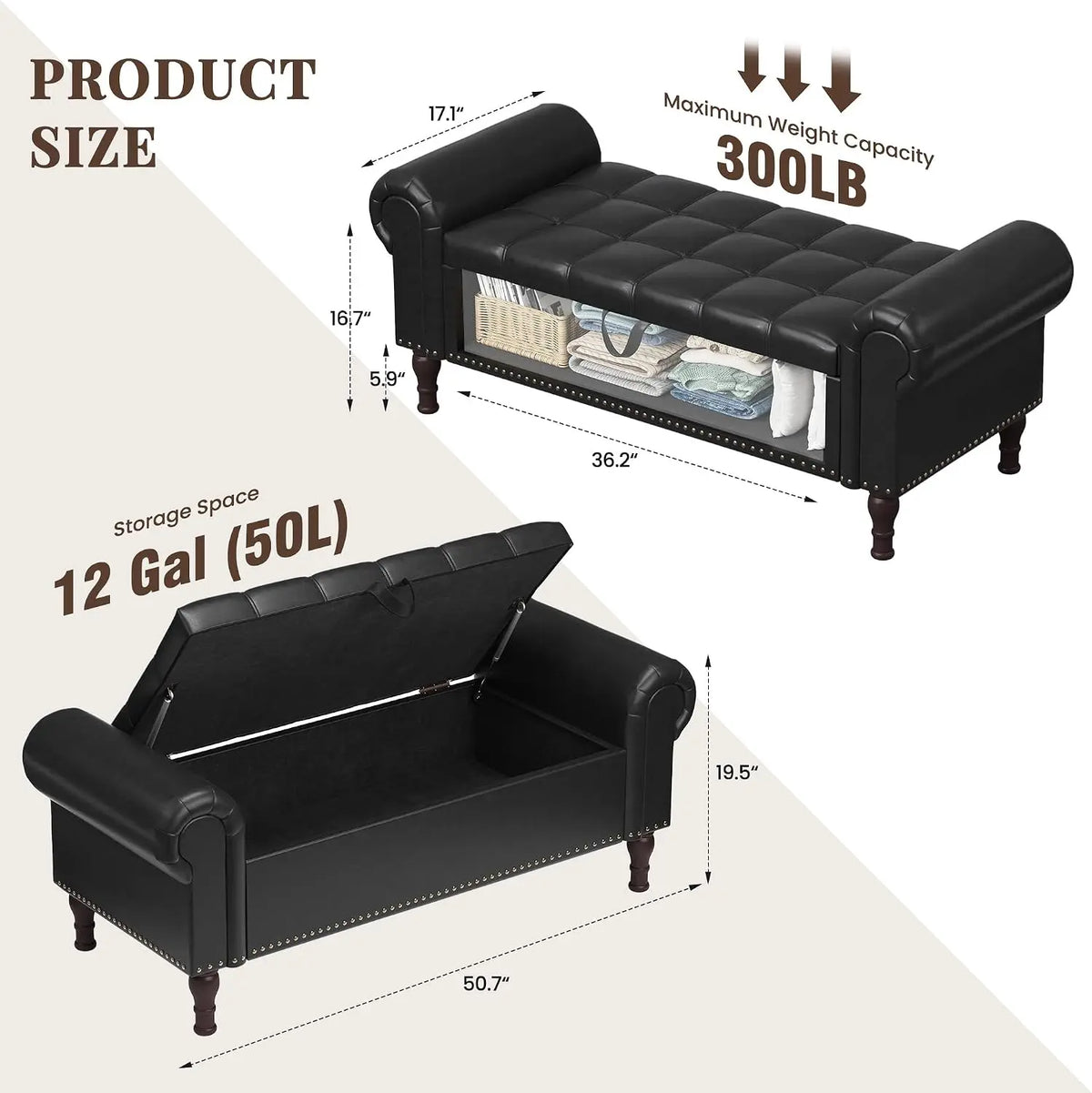 YOUDENOVA 51” Ottoman with Storage, Upholstered Storage Ottoman Bench with Rolled Arms, PU Leather Storage Bench for Bedroom, Li