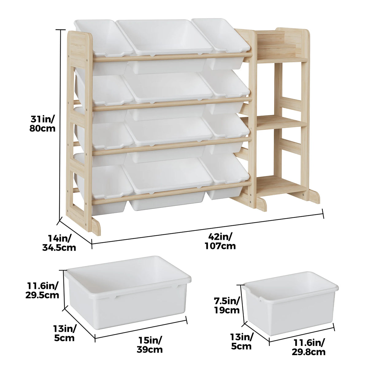 Solid Wood Kids Toy Memory Organizer Cabinet – 12 Bins & 3 Open Shelves – Wide Bookshelf Unit for Playroom, Nursery, Bedroom – 42" Wide