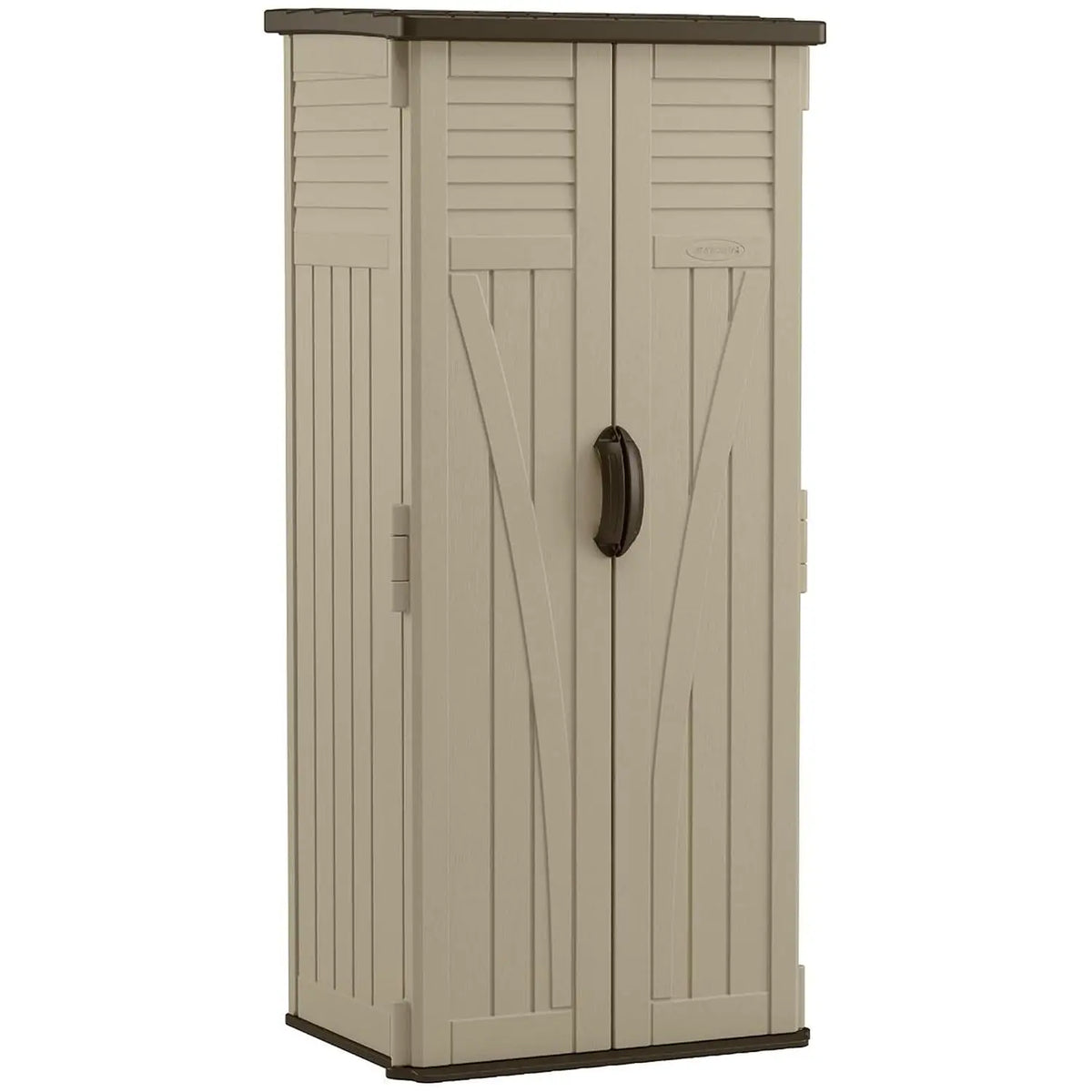 Vertical Shed, Compact Outdoor Storage System, 22 Cu. Ft. Capacity, Sand & Mustang - Lockable Multi-Wall Resin, Custom