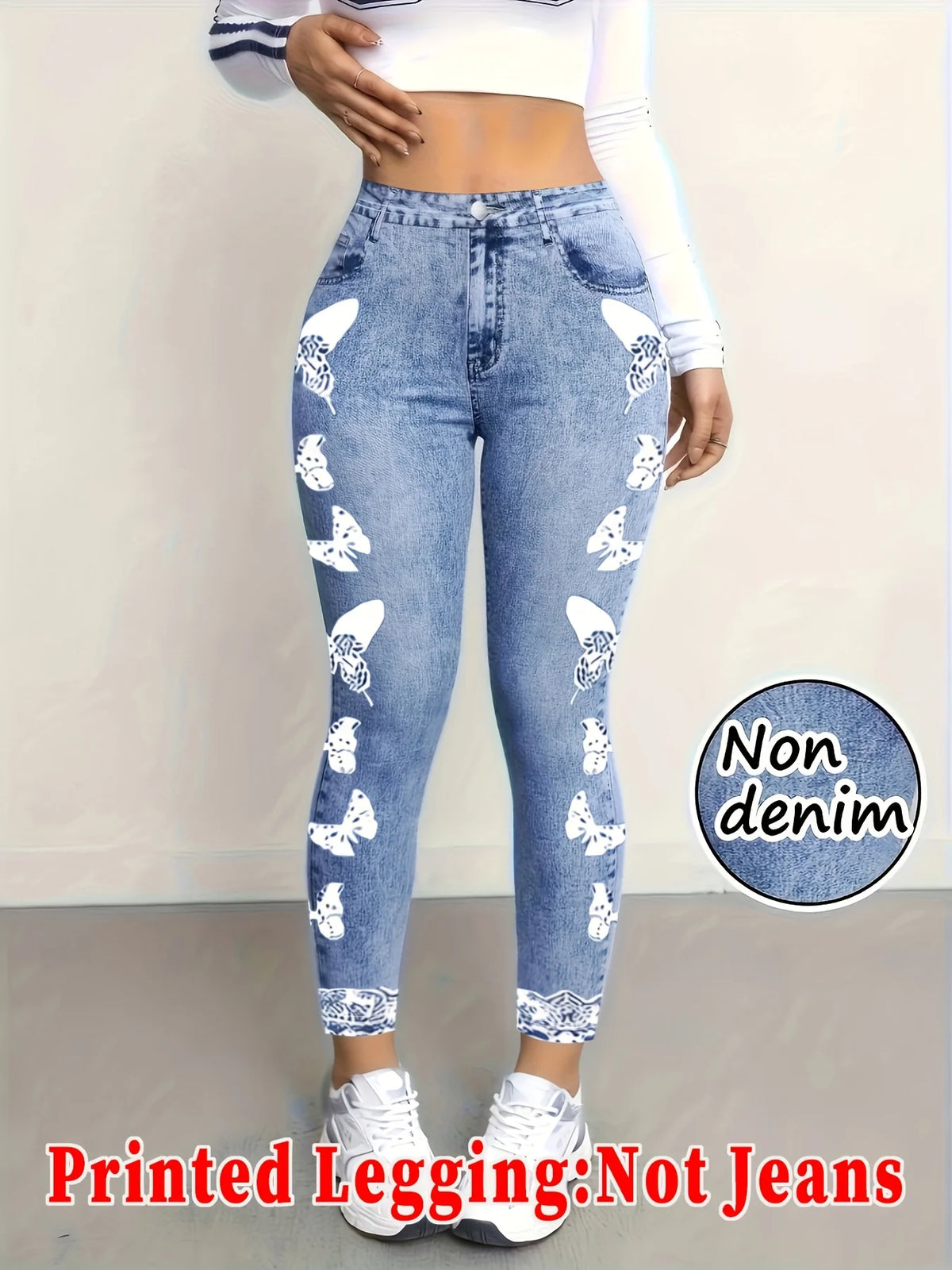 Women Printed Leggings Not Denim Fabric, Fake Pocket & Button Print Design Pants, High Elastic Fashion Slim Fit Skinny Casual