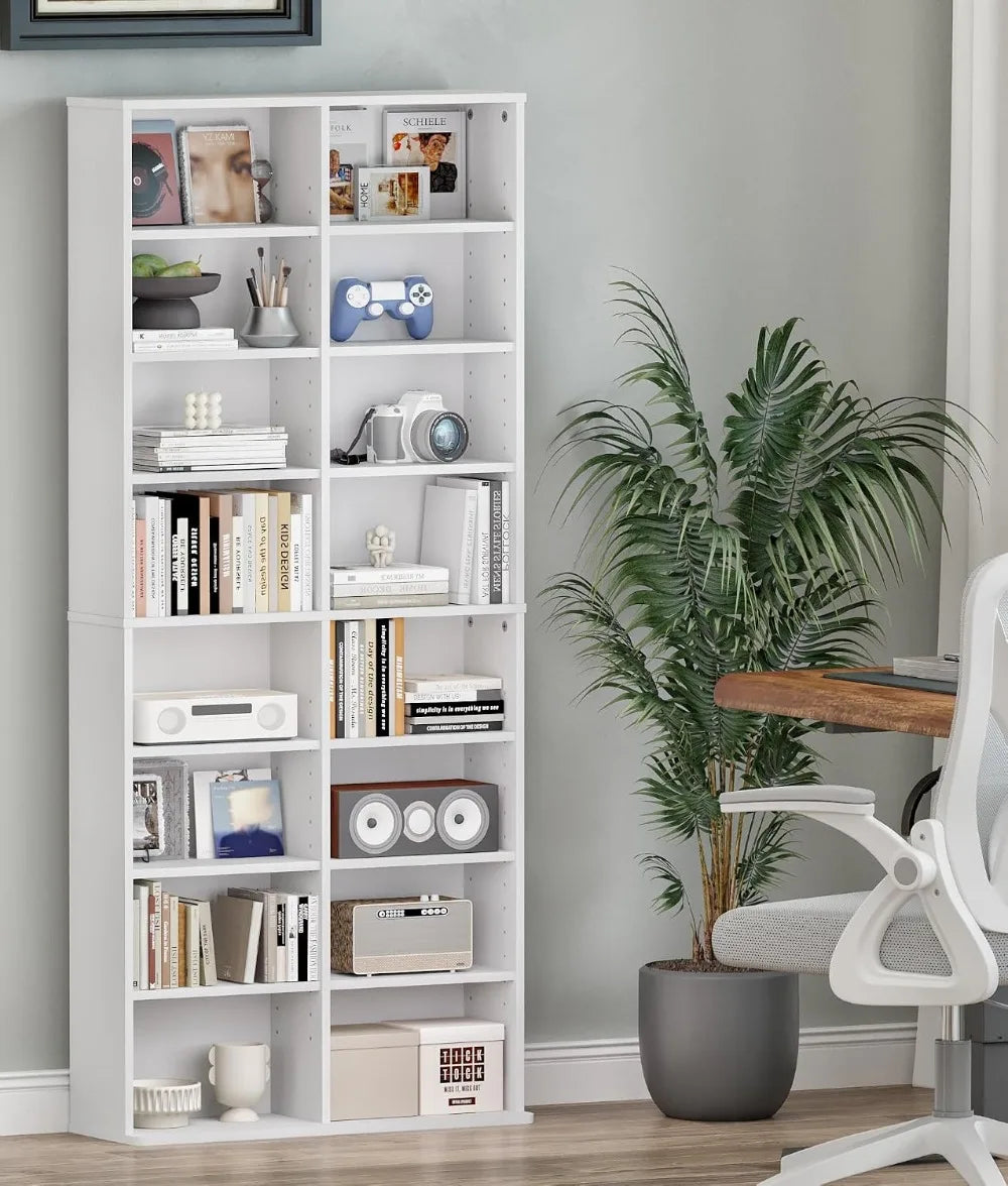 16-Shelf DVD Tower Storage Rack, Adjustable Media Shelves, 8-Tier Stand for Home Office
