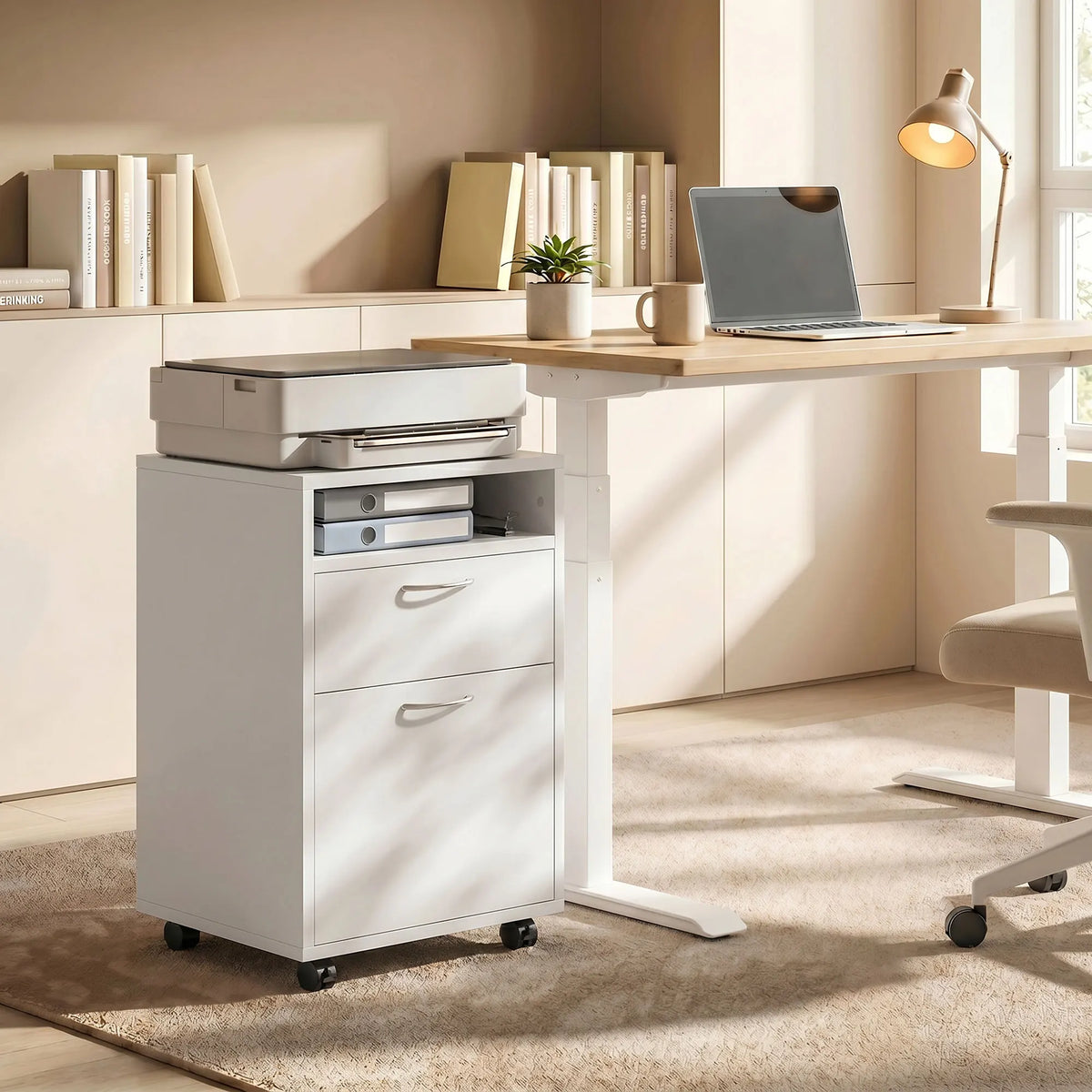 HOMCOM Mobile Storage Cabinet Organizer with Drawer and Cabinet, Printer Stand with Castors, White