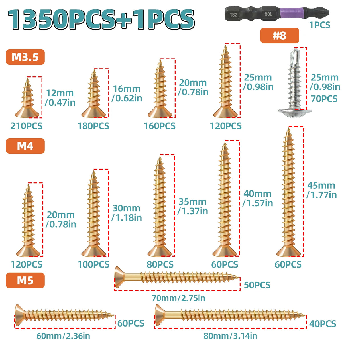 1350pcs Carbon Steel Phillips Wood Screws Assortment Kit, Flat-Head And Phillips Designs, Common Sizes M3.5/M4/M5/#8, Heavy Duty Self-Tapping Fasteners with Anti-Slip Matching Wrench, Sturdy Double Layer Storage Box, Hardware