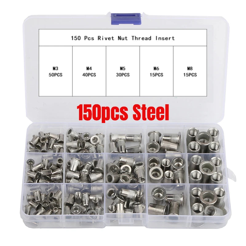 Rivet Nuts 150PCS Gun Mandrel Kit M3/M4/M5/M6/M8 or Nut Rivet Mandrels Repairtool Rivetgun Flatheadscrew Pop Nut Rivet Gun Set