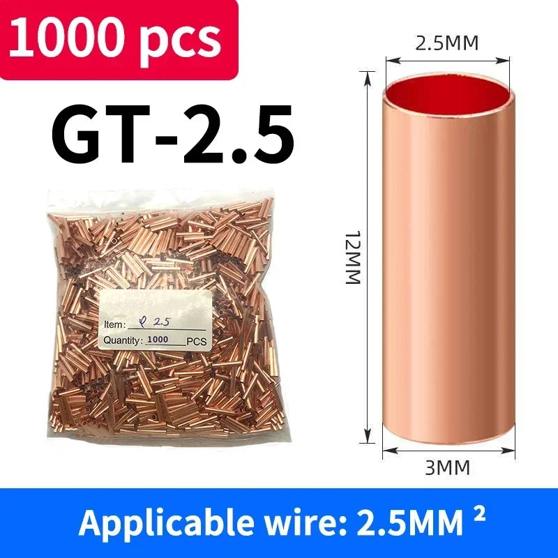 1000Pcs GT Copper Connecting Pipe Wire Joint Connector φ1.5/2/2.5/3/4/5/6/7/8/10mm Cold Crimping Terminal Red Copper And Pliers