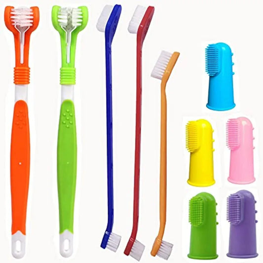 10 Pack Pet Dog Toothbrush, 2 Triple Head Pet Toothbrushes 3 Double Head Tooth Brush 5 Pack Finger Rubber Toothbrushes, Multi-A