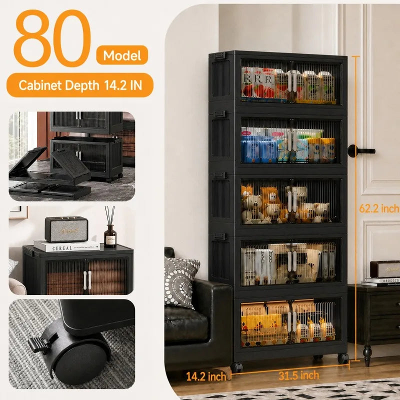 5‑Tier Foldable Plastic Storage Cabinet with Rolling Wheels, Stackable Closet Organizer with Flap Doors, Multifunctional Dust‑Proof Storage Shelf for Bedroom Living‑Room Kitchen