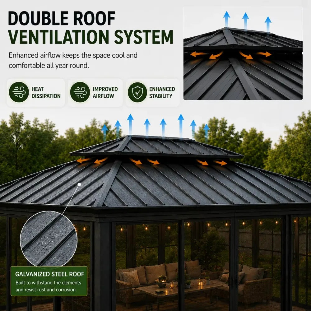 12x16 FT Heavy Duty Aluminum Patio Gazebo, Waterproof Windproof Canopy With Ventilated Sliding Doors Drainage System