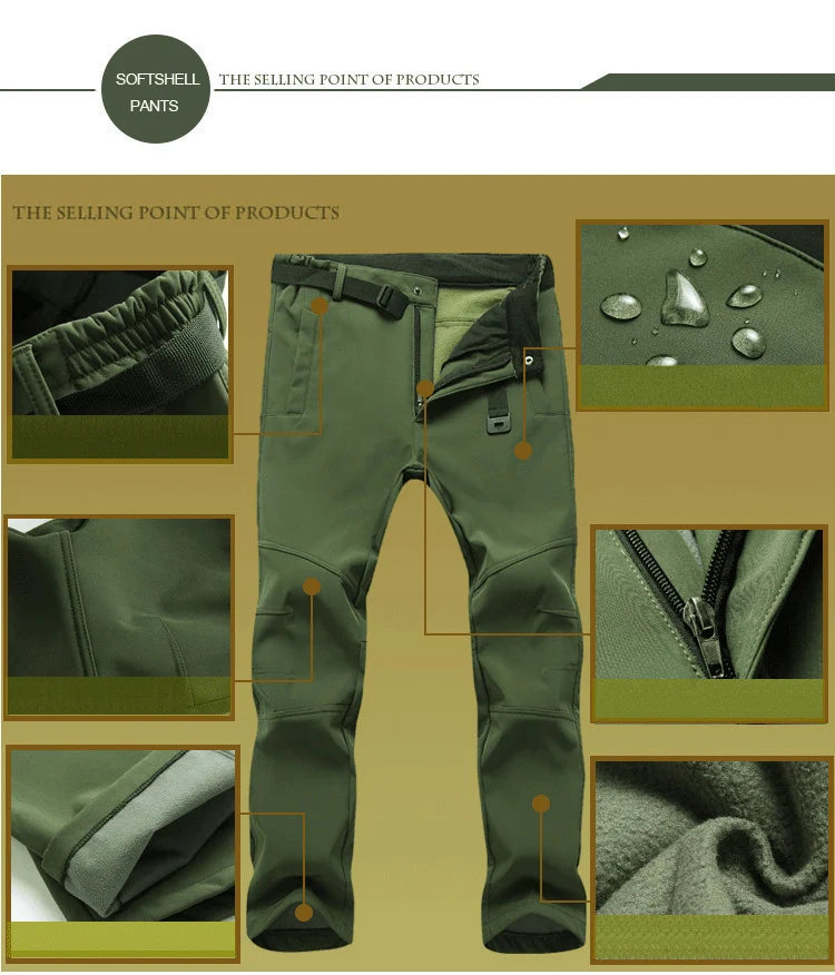 TRVLWEGO Winter Men Camping Hiking Pants Tactic Travel Soft Shell Warm Waterproof Fleece Windproof Outdoor Trekking Trousers