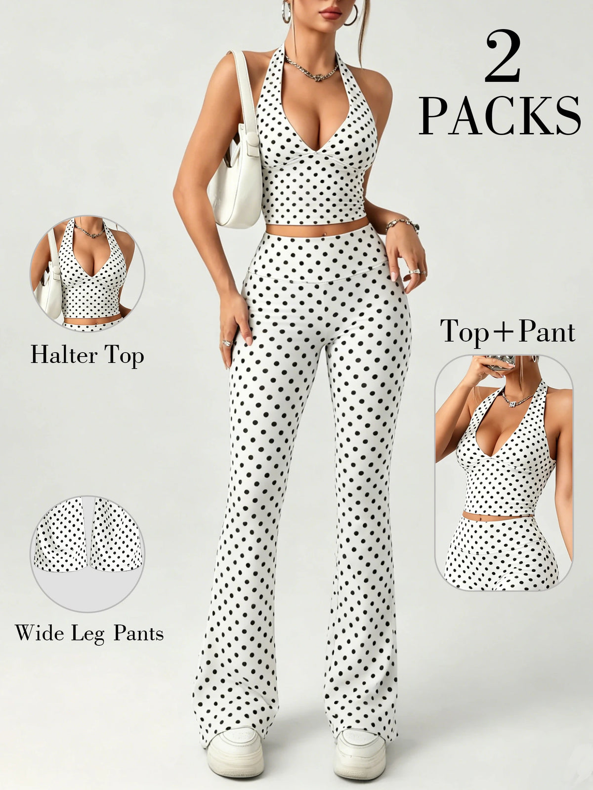 2Packs Women Y2K Polka Dot Matching Set Halter V Neck Crop Top High Waist Flare Pants Lounge Party Outfit
