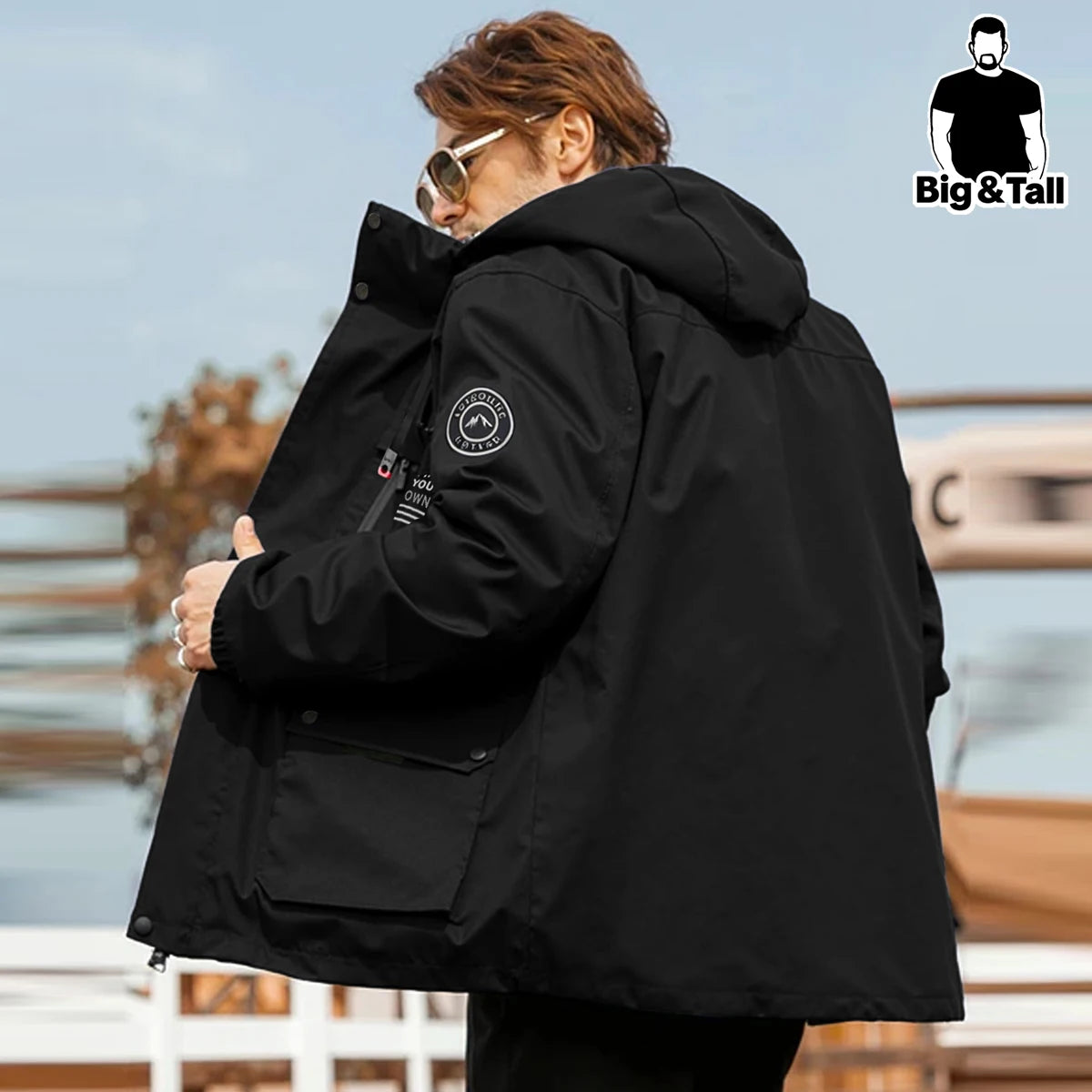 Men's Plus Size Multi-Pocket Hooded Drawstring Windbreaker Jacket, Sports Casual Outdoor Workwear Loose Jacket Hiking Clothes