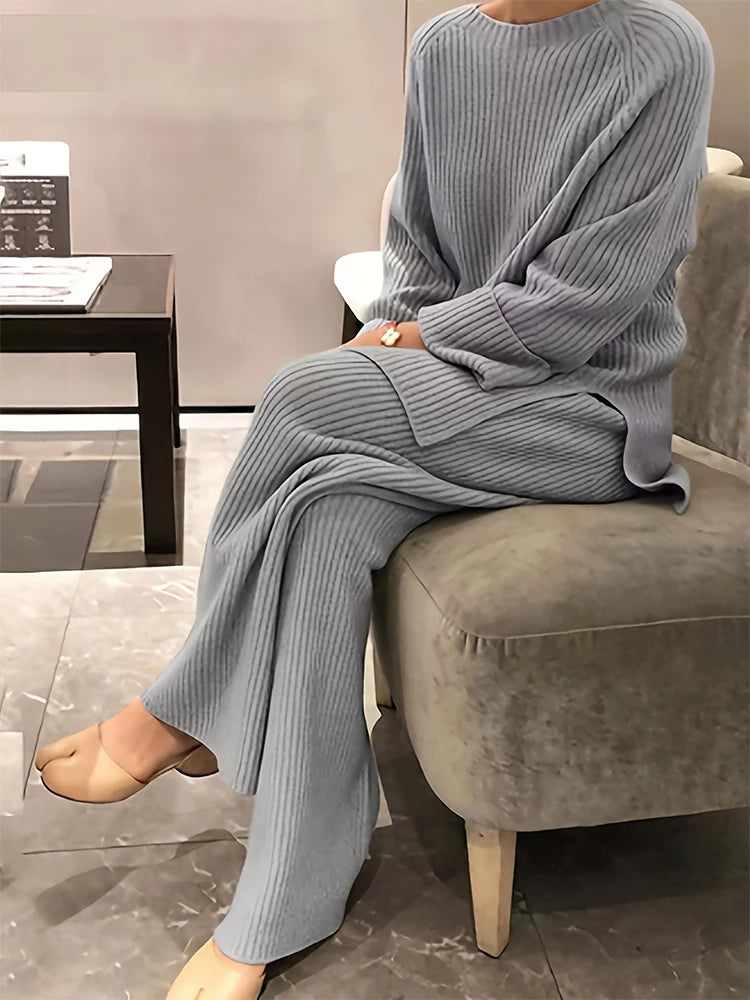 Plus Size 2026 New Women's Casual Wear Set Solid Color Two Piece Knitted Sweater Round Neck Long Sleeve Simple Versatile Sweater