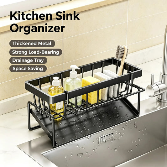 Black Thickened Metal Kitchen Sink Organizer with Drain Tray Rustproof Sponge Brush Soap Caddy Space Saving for Kitchen Bathroom