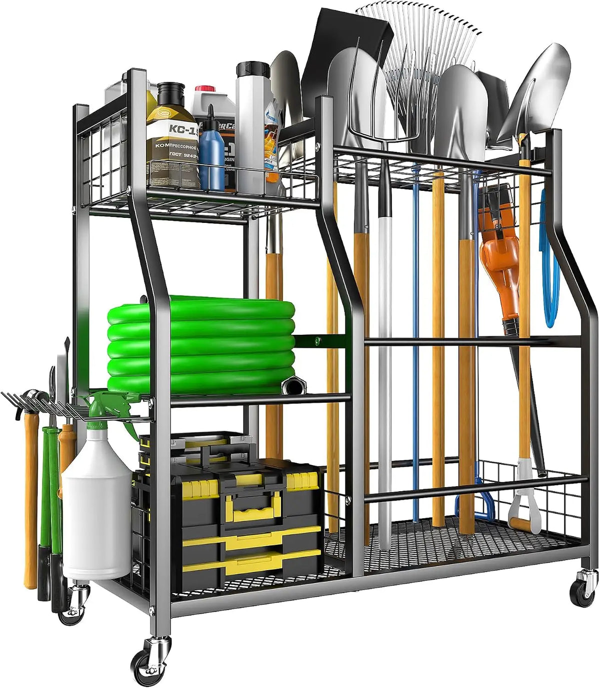 Garden Tool Organizer Stand, Garage Tool Storage Organization | Yard Tool Racks with lockable wheels, Fit for Long-Handled Tools/Rakes/Brooms