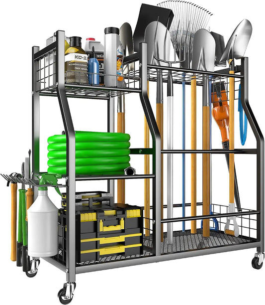 Garden Tool Organizer Stand, Garage Tool Storage Organization | Yard Tool Racks with lockable wheels, Fit for Long-Handled Tools/Rakes/Brooms