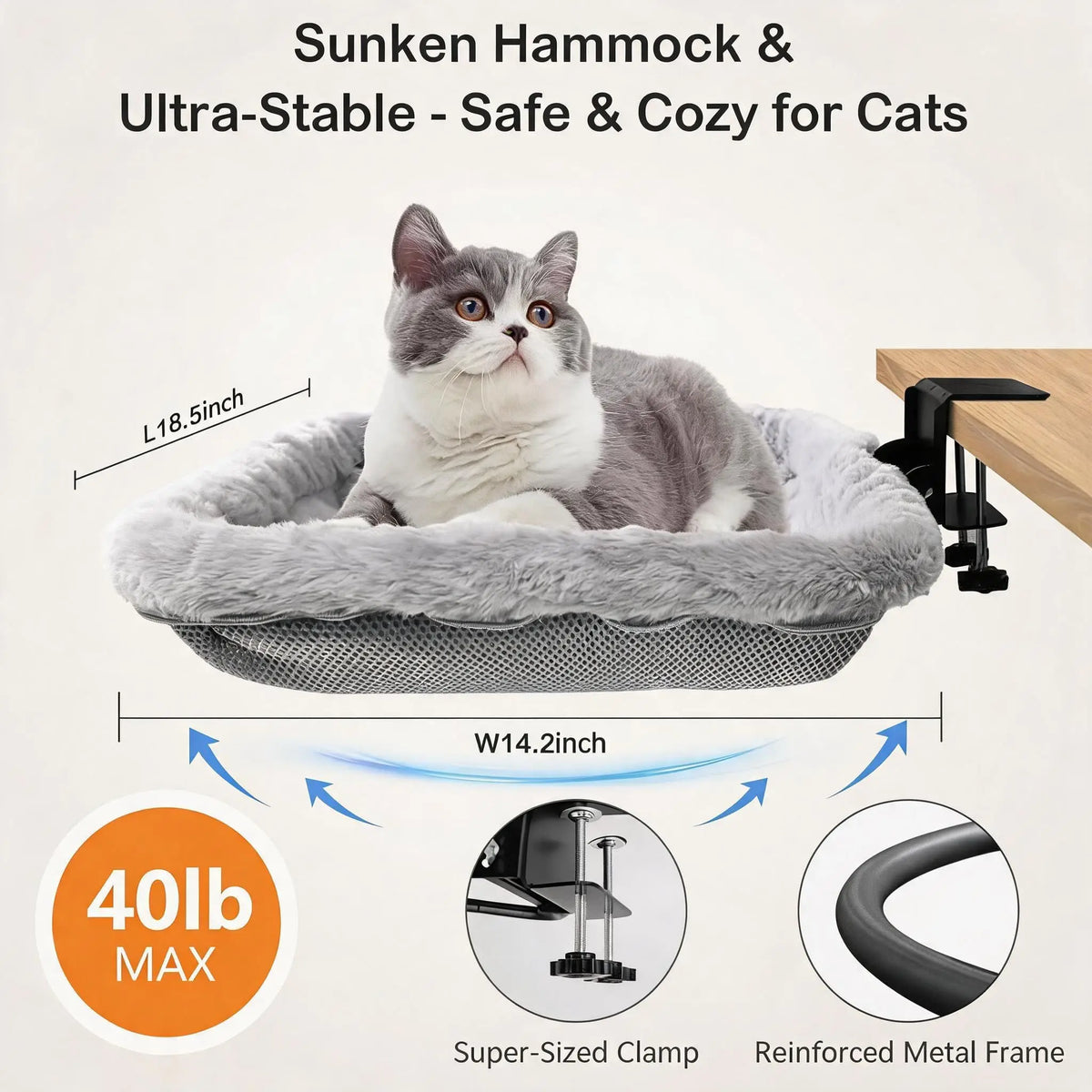 Fold-Down Cat Desk Bed, Space-Saving Desktop Cat Hammock, Breathable Sandwich Mesh, Faux Rabbit Fur, Pet Lounger for Home Office, 40 lbs Capacity