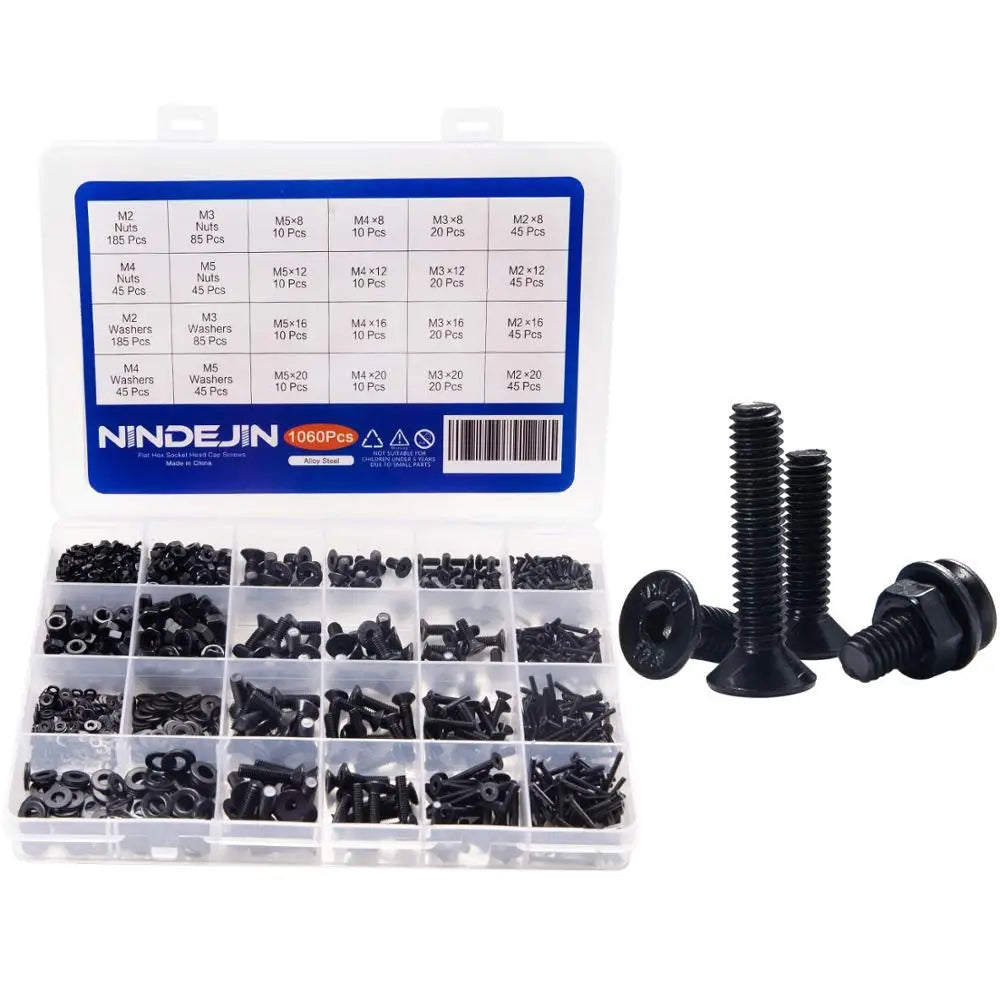 1060pcs M2 M3 M4 M5 Hex Socket Screw Set Carbon Steel Flat Round Cap Head Screws Bolts and Nuts Assortment Kit with Storage Box
