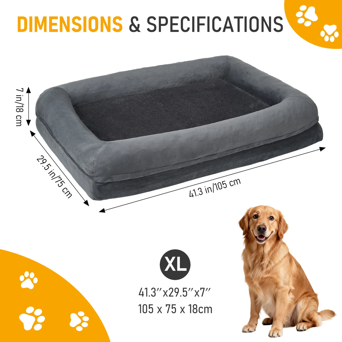 Orthopedic Bolster Dog Bed for Large Dogs, Washable Soft Rectangle Pet Bed with Raised Sides, Non-Slip Bottom Dog Sleeping Bed