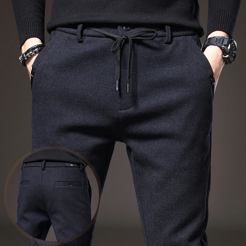 Autumn Winter Men's Casual Pants Solid Color Business Elastic Waist Slim Fit Stretch Thick Gray Black Blue Cotton Trousers Male