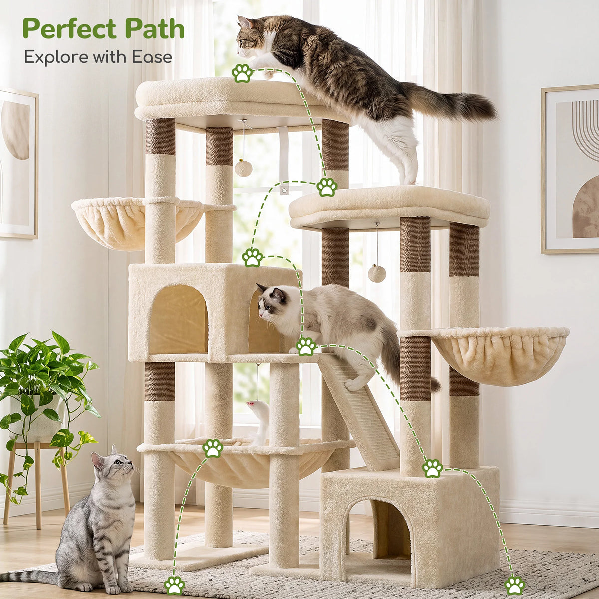 Globlazer 59" Multi-Level Cat Tower for 2-3 Cats, Large Cat Tree with 2 Condos, 3 Hammocks & Sisal Scratching Posts, Sturdy Indoor Cat Condo