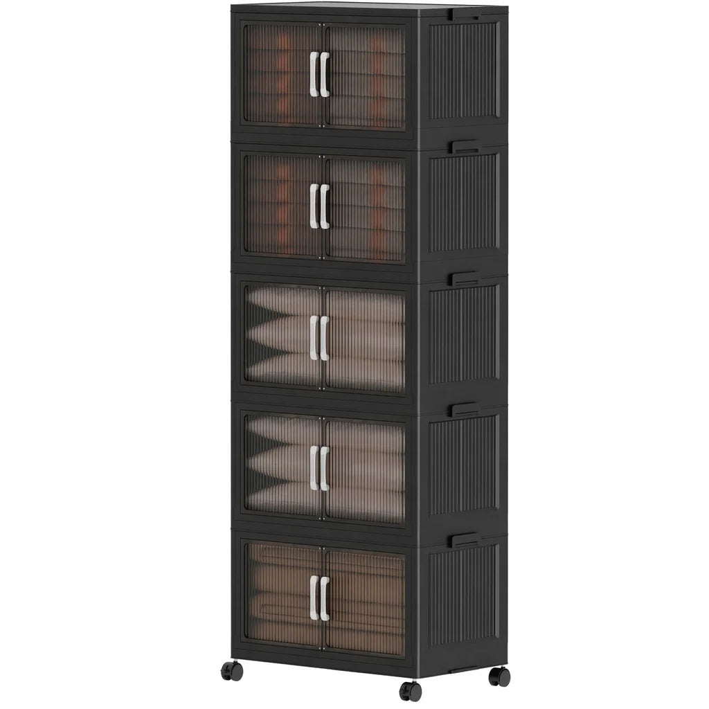 5‑Tier Foldable Plastic Storage Cabinet with Rolling Wheels, Stackable Closet Organizer with Flap Doors, Multifunctional Dust‑Proof Storage Shelf for Bedroom Living‑Room Kitchen