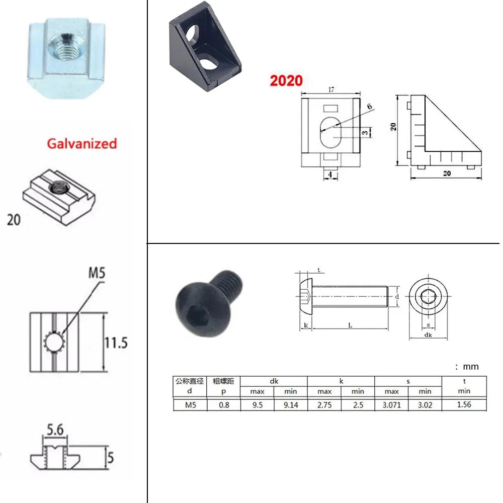 100PCS 2020 Aluminum Profile Connector Set: 20pcs Corner Bracket + 40pcs 20 Series M5 T-slot Nuts + 40pcs M5x8mm Hex Socket Cap