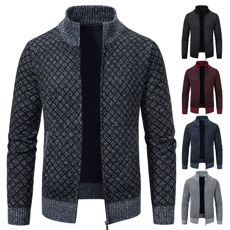 2026 Men's Casual High Collar Long Sleeve Knitted Top with Velvet Warmth for Autumn and Winter Fashion Multi Functional Jacket
