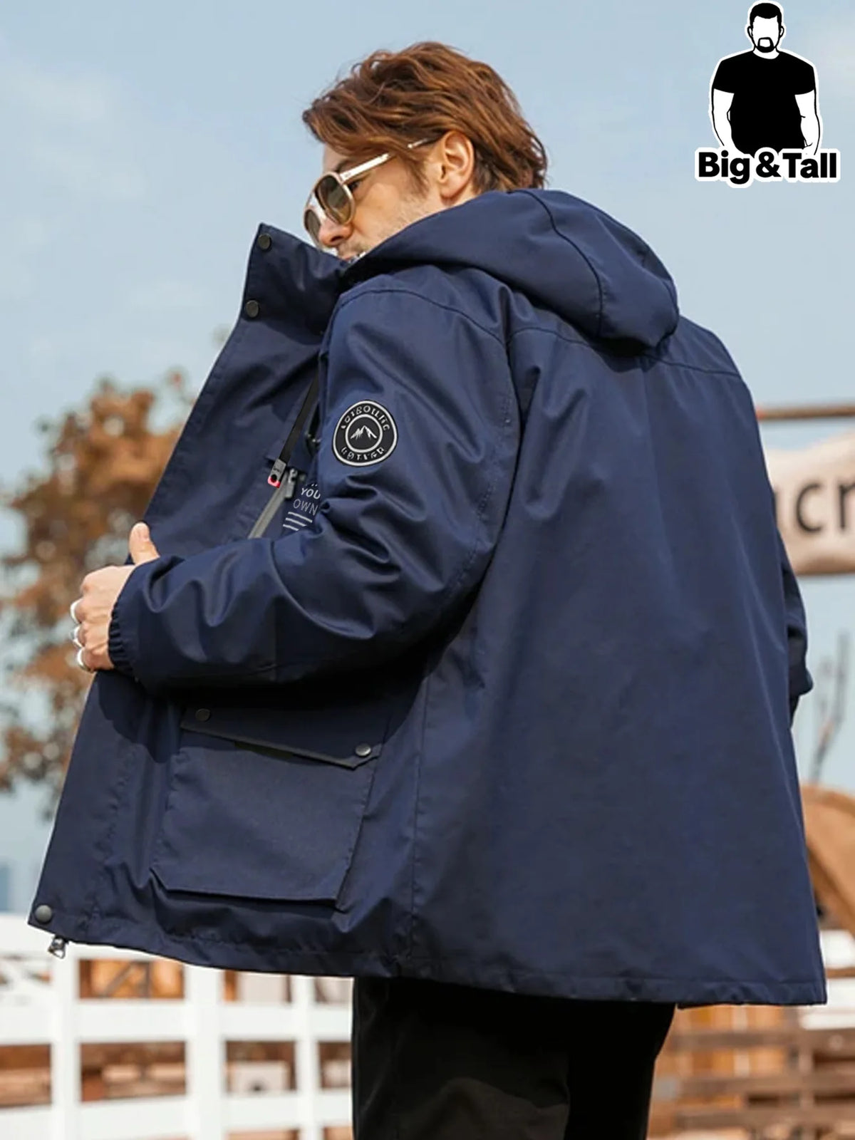 Men's Plus Size Multi-Pocket Hooded Drawstring Windbreaker Jacket, Sports Casual Outdoor Workwear Loose Jacket Hiking Clothes