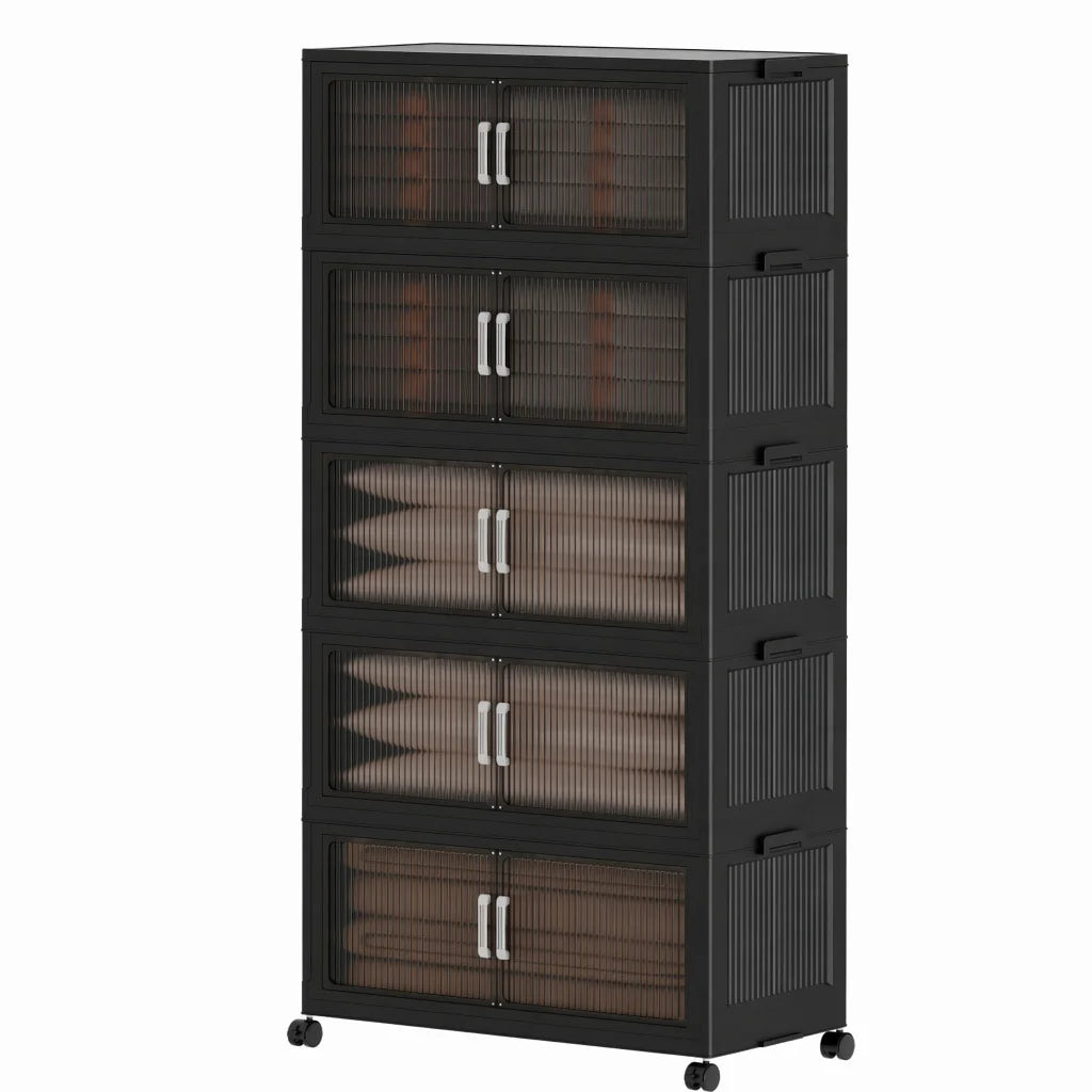 5‑Tier Foldable Plastic Storage Cabinet with Rolling Wheels, Stackable Closet Organizer with Flap Doors, Multifunctional Dust‑Proof Storage Shelf for Bedroom Living‑Room Kitchen