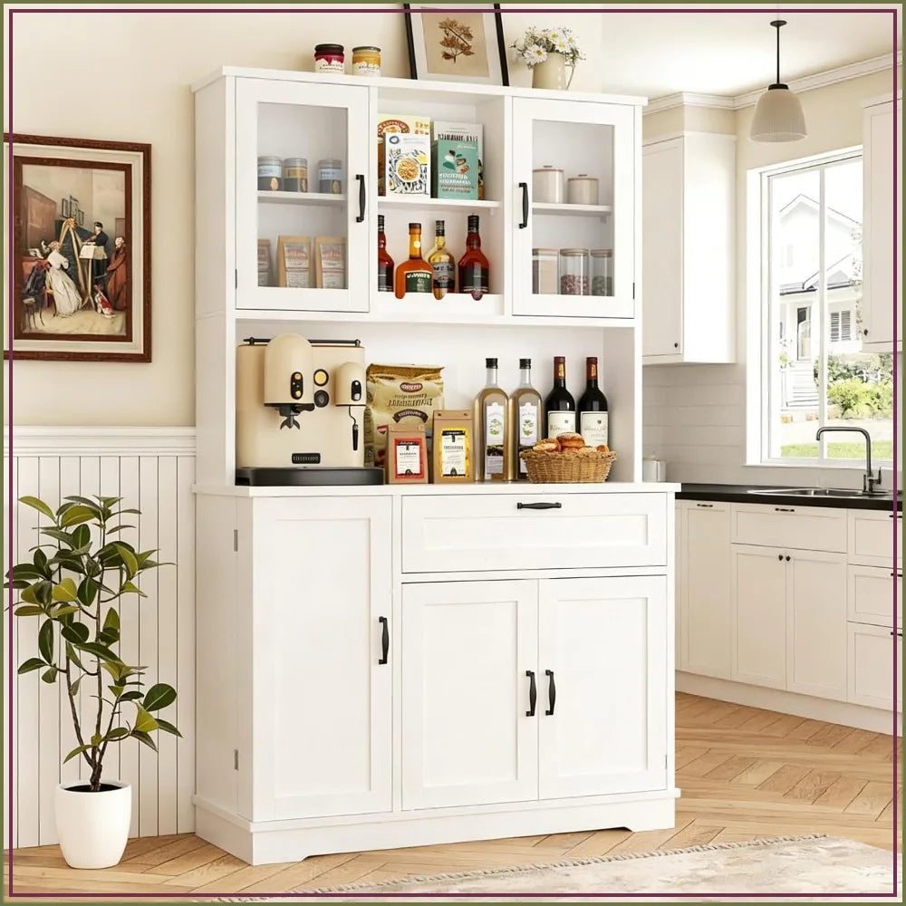 Vongrasig Kitchen Pantry Cabinet, Large Farmhouse Hutch with Microwave Stand, Tall Food Storage for Dining Room, White