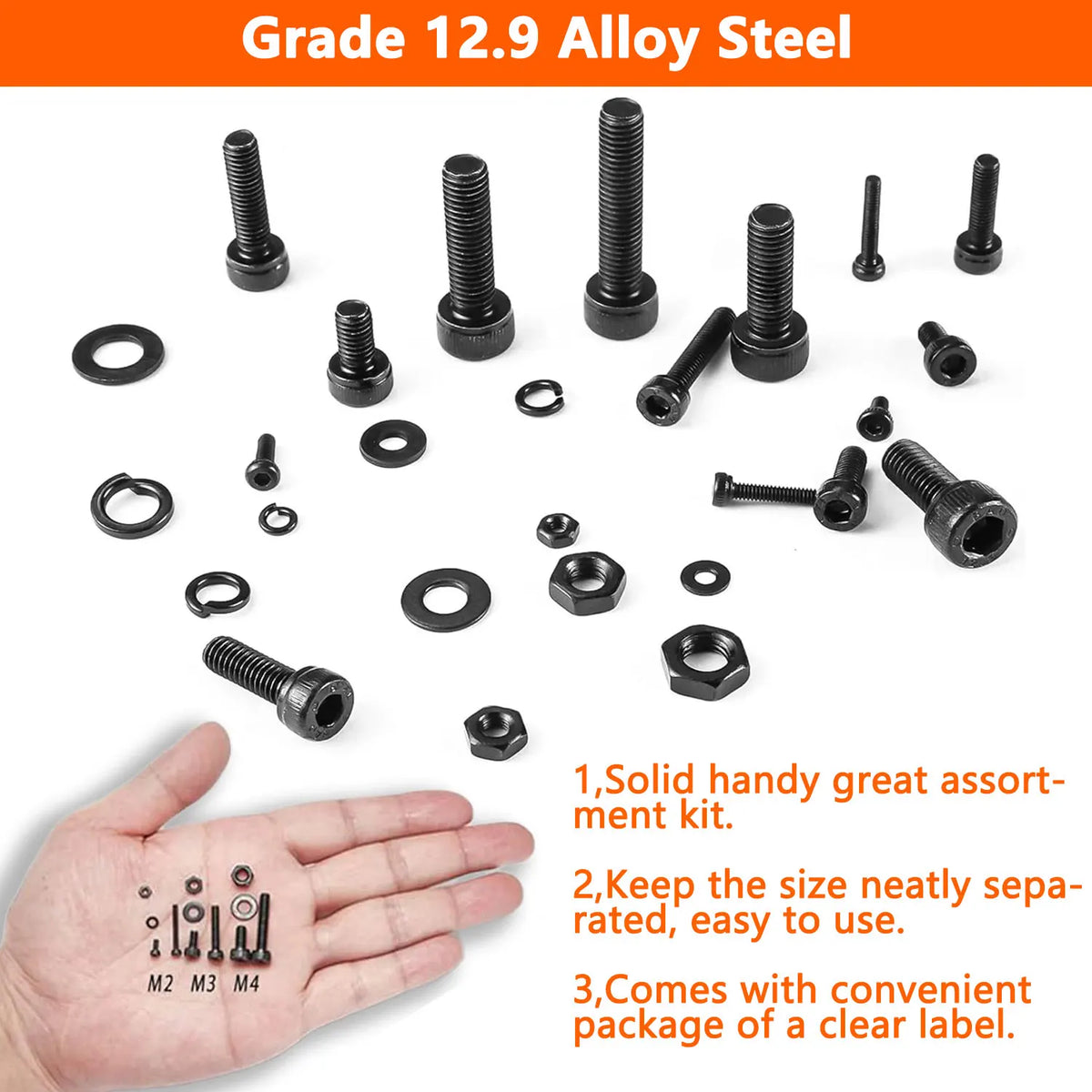1760PCS Metric Screw Assortment Kit (M2/M3/M4/M5) - Grade 12.9 Alloy Steel Hex Socket Head Cap Bolts & Nuts, Black