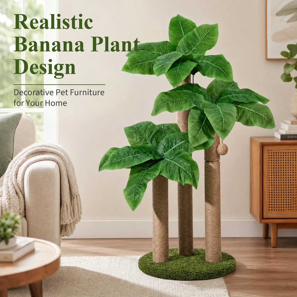 31.5 Exotic Cat Tree Scratching Post With 3 Sisal Poles Canna Leaf Design Weighted Base And Dangling Toy Decorative Indoor Cat Furniture For Kittens And Adult Cats