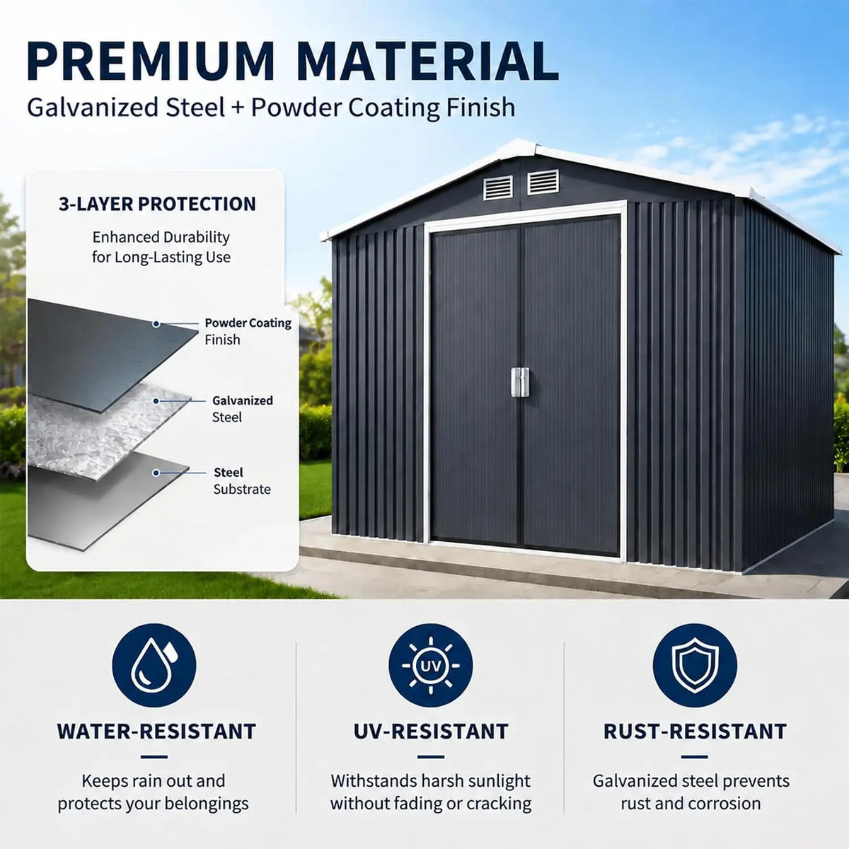9x6.5 FT Outdoor Storage Shed, Metal Tool Shed with Windows & Secure Lockable Doors, Ideal Storage Garden Shed for, Custom