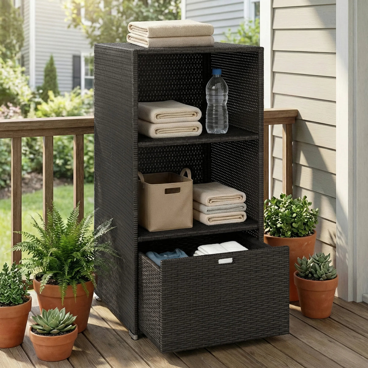 Outsunny PE Rattan Pool Towel Rack Basket with 2 Storage Shelves for Outdoor Garden Beach House