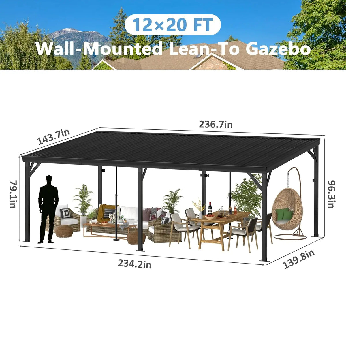 12x20 FT Wall Mounted Gazebo, Hardtop Lean to Gazebo with Aluminum Slope Roof, 3.15"x3.15" Post Outdoor Pergola, Customized