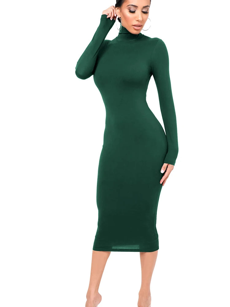 Winter Black Turtleneck Sexy Women Dress Autumn Long Sleeve Skinny Midi Boydcon Casual Blue Plush Knee-Length Party