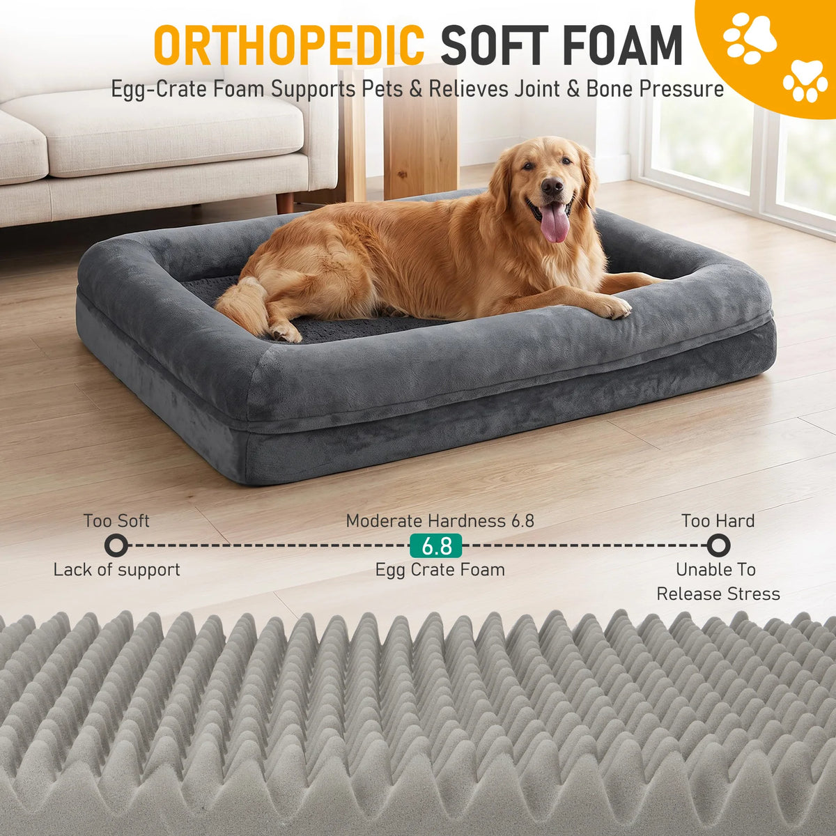 Orthopedic Bolster Dog Bed for Large Dogs, Washable Soft Rectangle Pet Bed with Raised Sides, Non-Slip Bottom Dog Sleeping Bed