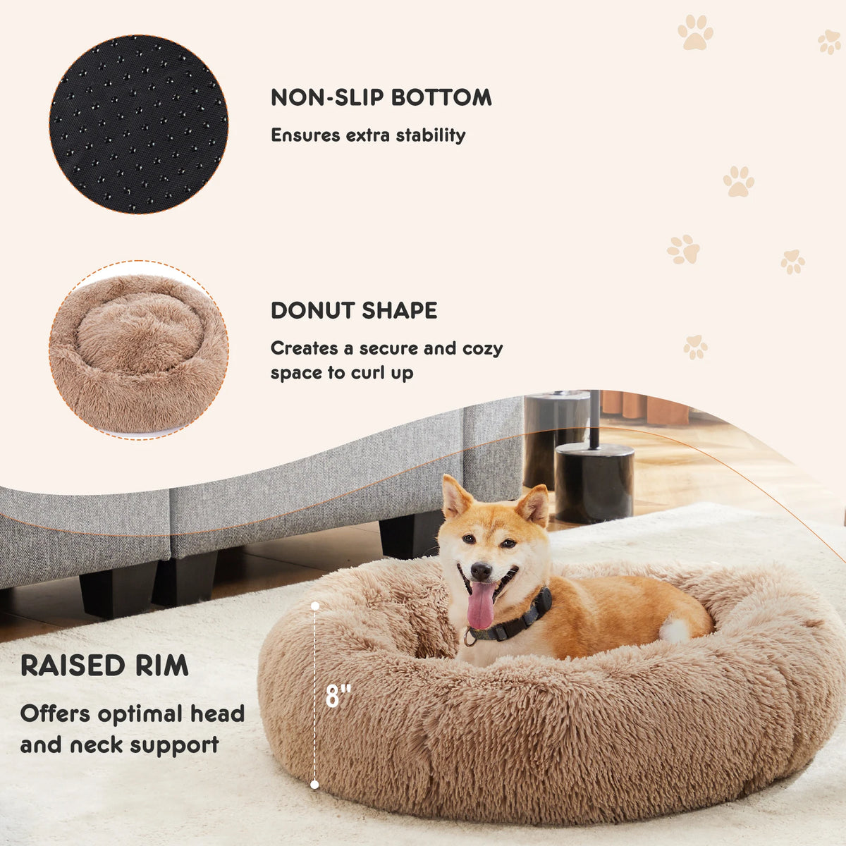 JHK Calming Dog Bed for Medium to Large Dogs Washable Large Pet Bed Anti-Slip Round Fluffy Plush Faux Fur Dog Bed