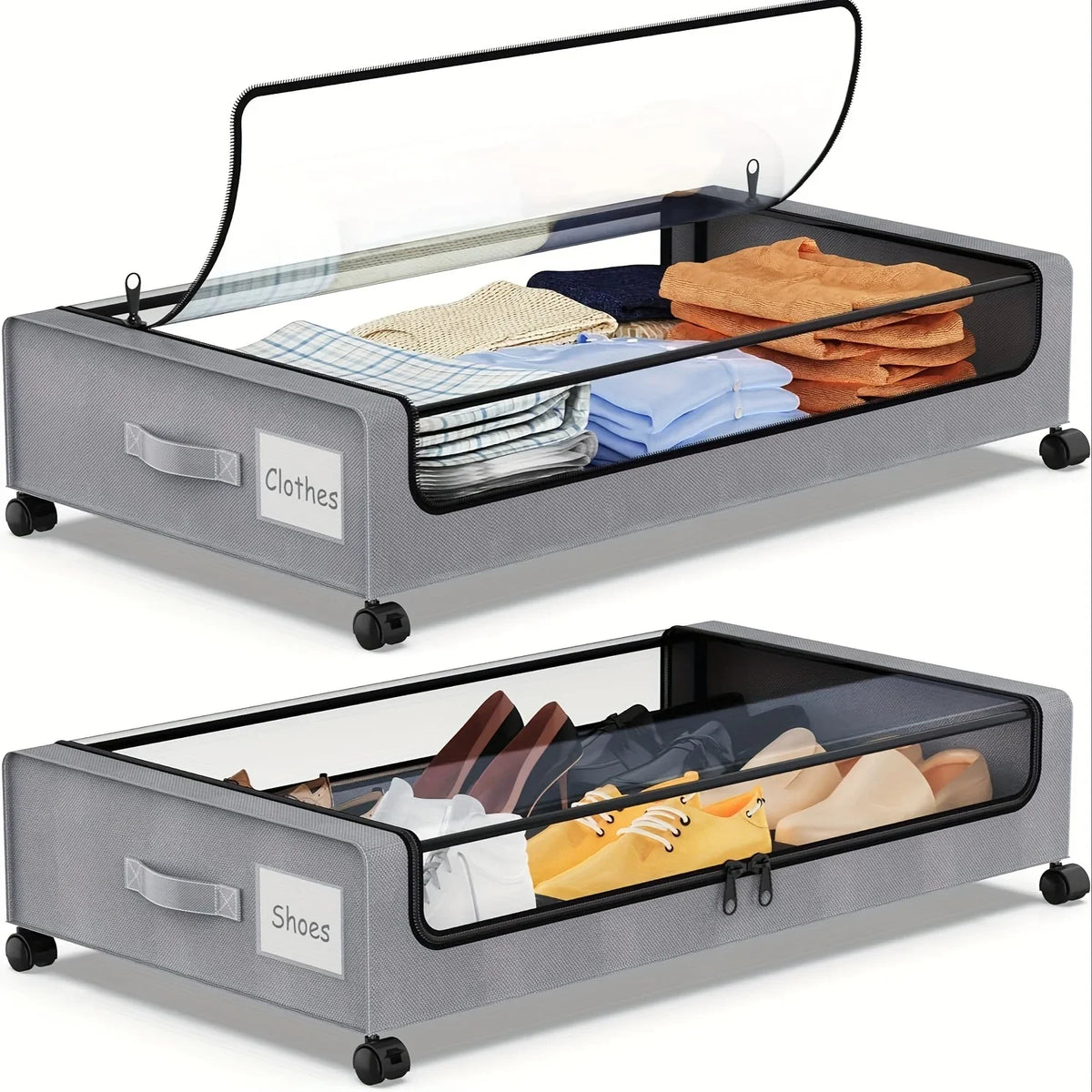 2026 Underbed Storage Container With Wheels Lids Space Saving Pull Out Organizer for Clothes Shoes Bedroom Dorm Household Use