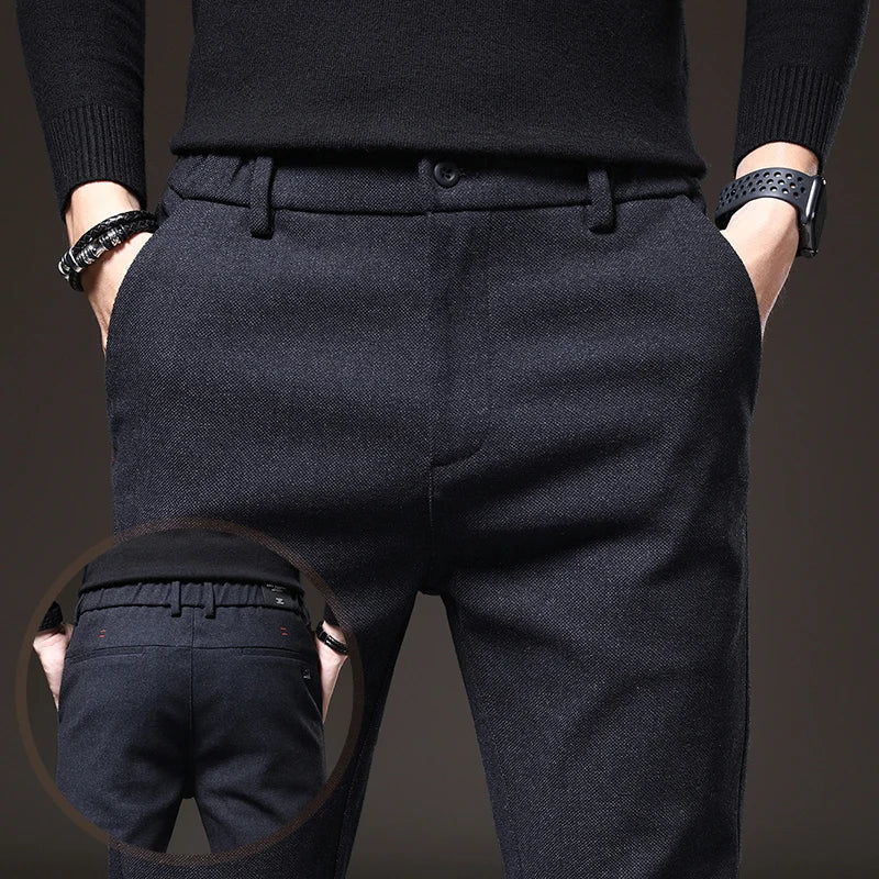 Autumn Winter Men's Casual Pants Solid Color Business Elastic Waist Slim Fit Stretch Thick Gray Black Blue Cotton Trousers Male